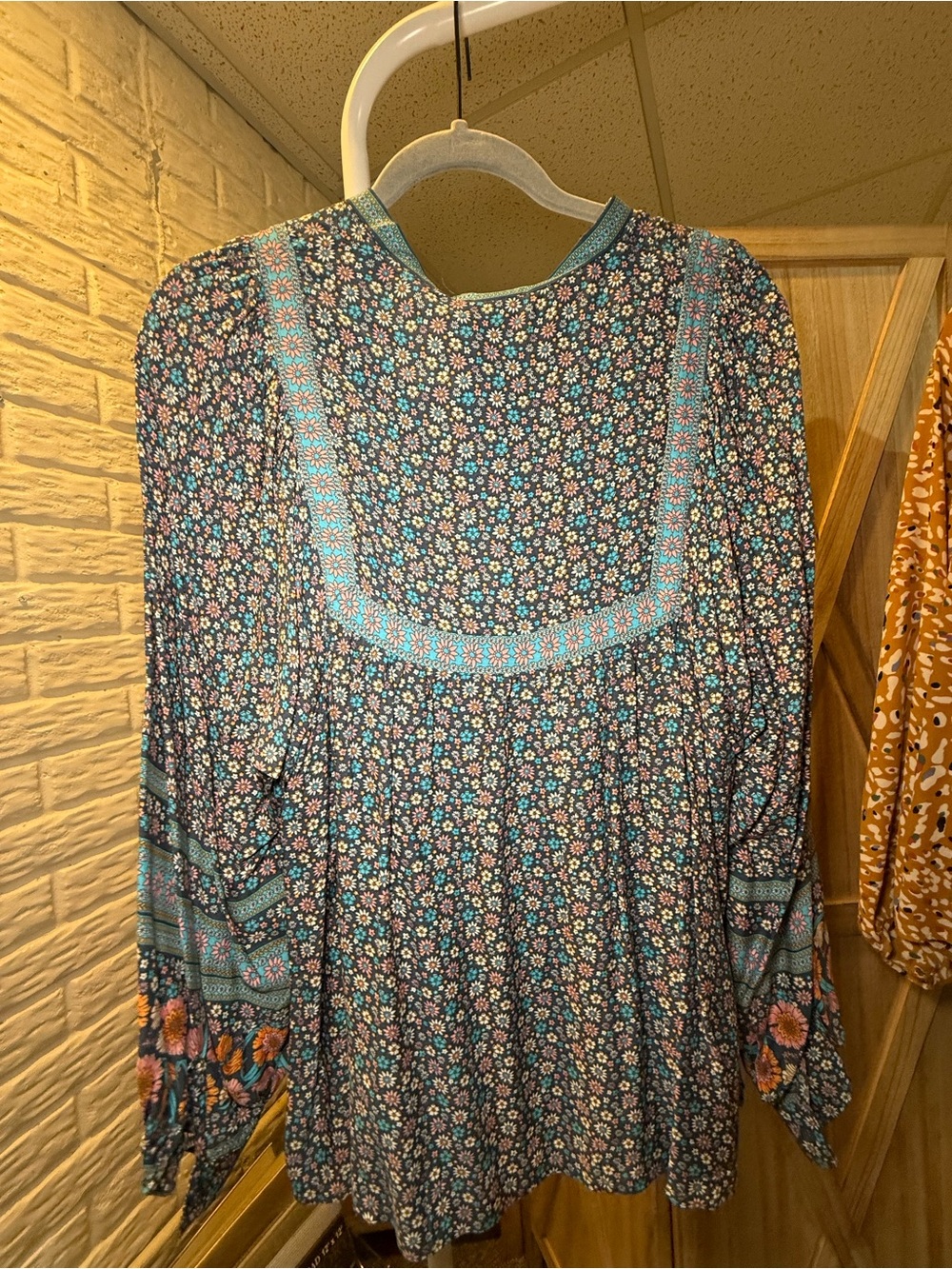 Blue Floral Long-Sleeve Peasant Dress with Embroidered Yoke